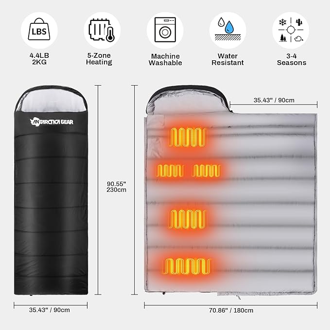 Antarctica Gear Heated Sleeping Bag 5pcs Heating Areas Sleeping Bags with 16000mAh 12V Battery Pack 3 Adjustable Heating Levels Cold Weather Sleeping Bag for All Season Hiking &amp Camping