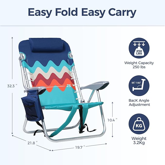 LET'S CAMP Backpack Beach Chair Set of 2 4-Position Classic Lay Flat Pillow and Padded Shoulder Straps Storage Pouch and Towel Bar Support 250LBS Wave