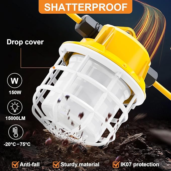 100ft LED Construction String Lights 150W 15000LM Super Bright LED String Work Light Construction Temporary Lights apply to Renovation Courtyard Jobsite and All Outdoor Lighting (100ft-10lights)