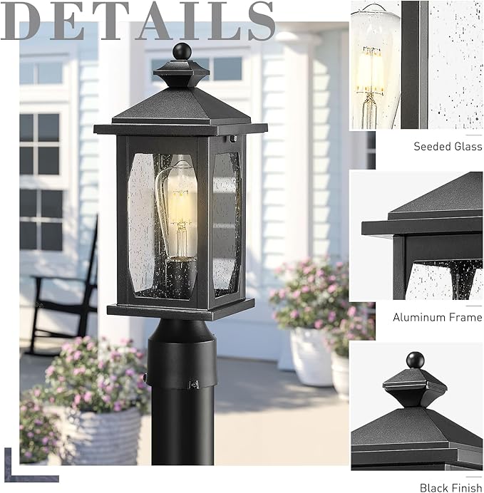 zeyu 16 Inch Outdoor Lamp Post Light Farmhouse Exterior Post Light Fixture for House Patio Yard Die-Cast Aluminum with Seeded Glass Shade Black Finish ZD99P BK