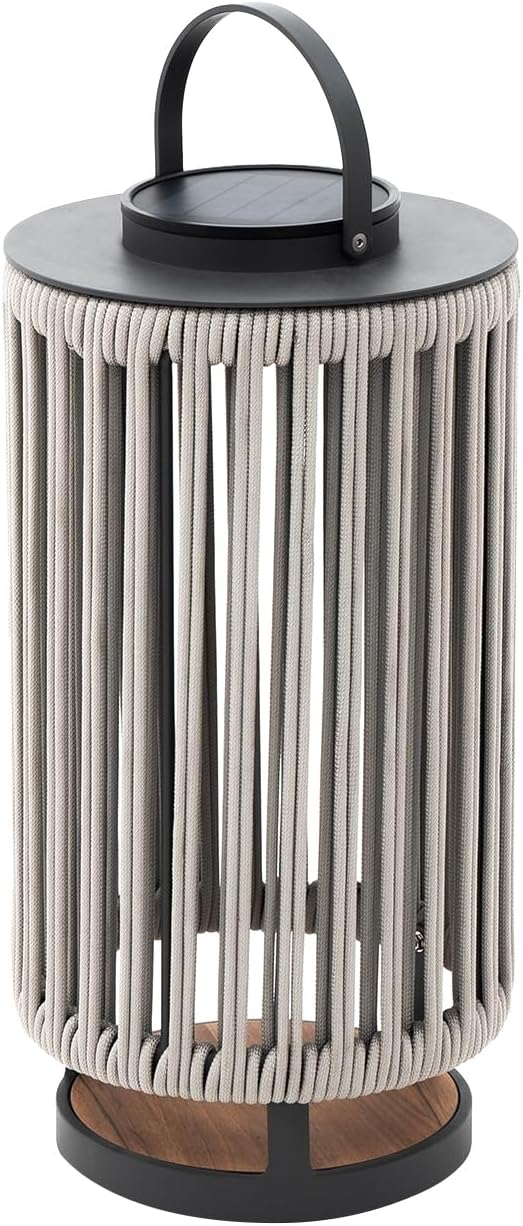 Outdoor Solar Lanterns Outdoor Hollowed-Out LED Floor Lights Aluminum Braided Rope Lantern with Handle for Patio Yard Pathway Grey