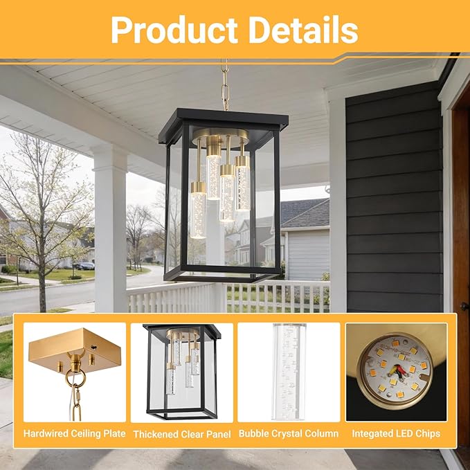 LOUSACE Modern LED Outdoor Pendant Light Black &amp Brass 4 Lights Large Exterior Hanging Light Fixtures 5CCT Dimmable LED Outdoor Chandelier Pendant Lantern with Clear Glass for Front Porch Entranc