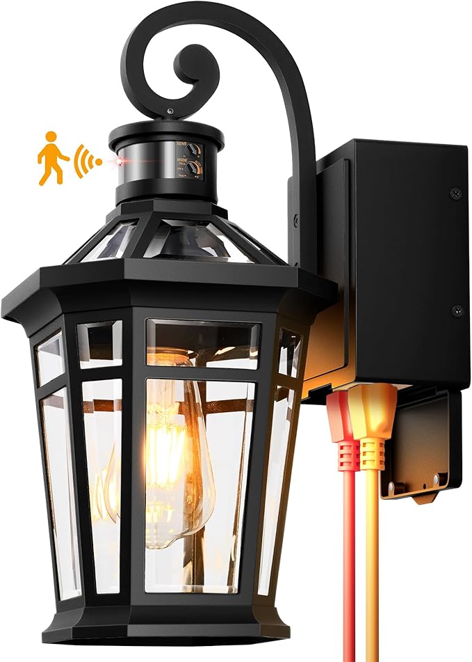 OPAIXS Motion Sensor Outdoor Wall Lights with Outlet Black Front Porch Light with GFCI Outlet Modern Coach Lights for Garage Waterproof Exterior Wall Sconce Lantern E26 Outside Wall Light Fixture