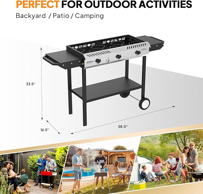 ROVSUN 3 Burner Outdoor Propane Gas Stove with Ignition Regulator &amp Side Shelves 225000 BTU Rolling Gas Stove Outdoor Cooker for Backyard Patio Cooking Home Camping Brewing Canning Turkey Fryin
