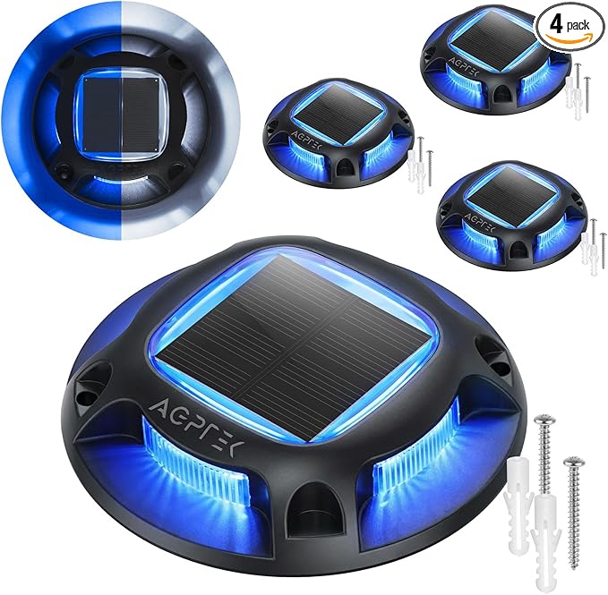 AGPTEK Solar Driveway Lights Outdoor 4 Pack 2 Color Modes LED Deck Dock Marine Waterproof Security Marker Lights for Step Sidewalk Stair Garden Pathway Walkway Yard(Blue Light/Cool White Black)