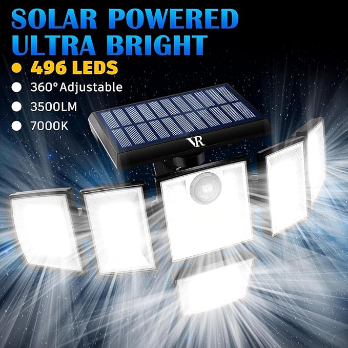 Solar Motion Sensor Flood Lights Outdoor - 496LEDs 3500LM 3 Lighting Modes 3 Levels Brightness 6 Heads 360° Illumination IP65 Solar Security Lightsfor Porch Yard Patio Garage (2Pack)