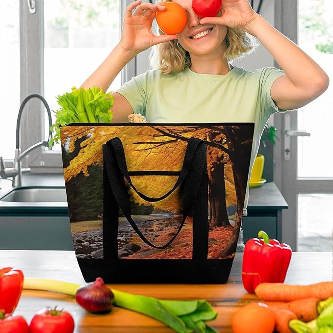 Insulated Shopping BagLarge Reusable Cooler Bags Fall Colors Printed Foldable Shopping BagTravel Waterproof Shoulder Bag