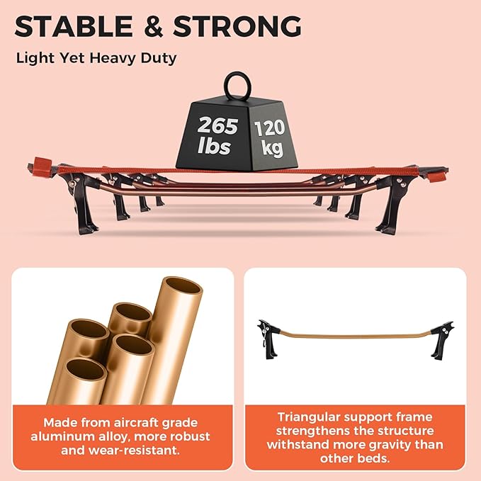 KingCamp Ultralight Camping Cot Portable Folding Tent Camping Cot 265 Lbs Heavy Duty Sleeping Cot with Pillow for Adults Outdoor Backpacking Travel Hiking Orange