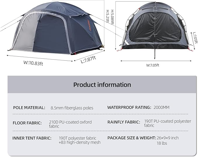 EchoSmile Tents for Camping Waterproof Windproof Tent with Multi-Pole 3-5 Person Spacious Dome Tent with Expandable Space for Shoes Packs &amp Wet Items Easy Setup Tent for Camping &amp Hiking