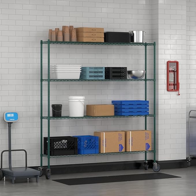 Commercial NSF Listed Green Epoxy Mobile Wire Shelving Kit 12 x 72 x 80 with 4 Shelves Perfect for Warehouse Walk-in Refrigerator Freezer Grocery Store Restaurant Dishroom