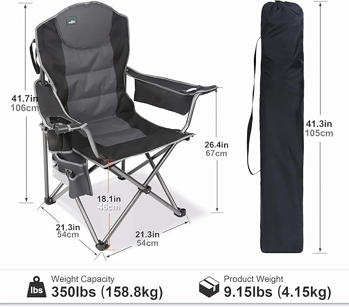 Northroad Oversized Camping Chair Full Padded Outdoor Folding Chair Support 350 LBS Heavy Duty Lawn Chair w/Cup Holder Cooler Bag Shoulder Straps for Adult-Black