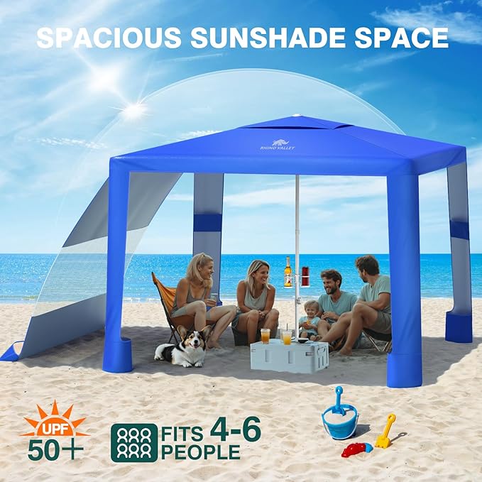 Rhino Valley Beach Cabana 8*8FT Beach Tent UPF50+ Protection Easy Setup Beach Canopy Wind Resistant with Cup HolderCompact Beach Shade Foldable Beach Tent Sun Shelter for Whole Family FriendIndigo