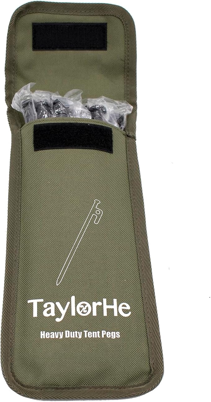 Tent Stakes Heavy Duty 12 Pack - 10inch Extra Strong Camping Stakes Metal Stakes with Hooked Head and Pointy Tip with Carrying Pouch for Hard Ground Sandy Gravel Outdoor Travelling Hiking