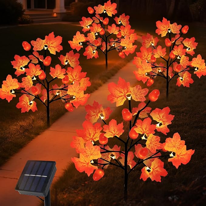 Fall Decorations Outdoor 4-Pack 80LED Maple Leaf Acorn Yard Stake Lights Waterproof Solar Fall Lights Thansgiving Decorations Outdoor for Yard Garden Pathway Harvest Holiday Fall Decor
