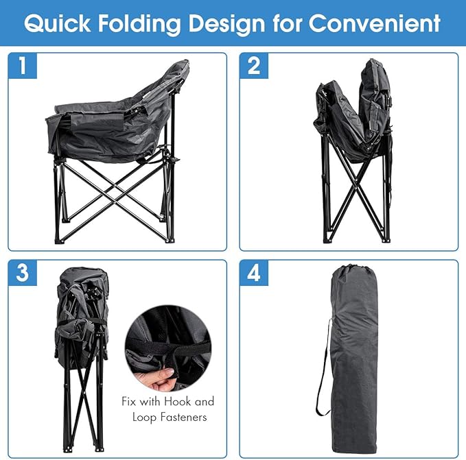 S AFSTAR 2 Packs Oversized Camping Chair Cushion Padded Moon Round Saucer Chair w/Cup Holder &amp Carry Bag Portable Camp Chair Outdoor Folding Chair for Patio Beach Picnic (Grey)