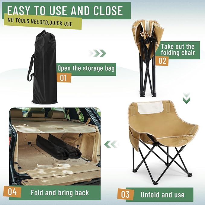 2 Pack Compact Camping Chairs Portable Folding for Outside with Carry Bag Lightweight Moon Chairs for Travel Picnic Hiking Beach Fishing 600D Oxford Supports 330lbs(Khaki Black)