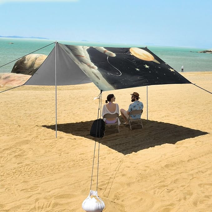 ALAZA Cat Kitten Astronaut Beach Tent Sun Shelter UPF50+ Protection Beach Shade Canopy w/ 4 Sandbags for Outdoor Camping Fishing Backyard Fun Picnic 10x9 ft