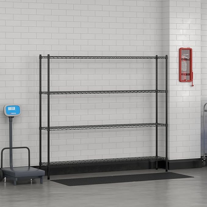 Commercial NSF Listed Black Epoxy Stationary Wire Shelving Kit 12 x 72 x 64 with 4 Shelves Perfect for Warehouse Walk-in Refrigerator Freezer Grocery Store Restaurant Dishroom