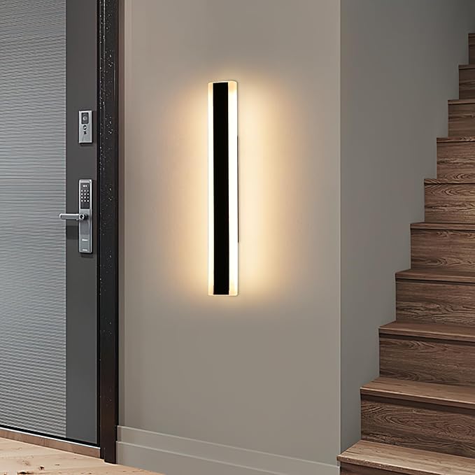 23.6inch Modern Outdoor Wall Light 3000K Warm White Linear Outside Wall Sconce Waterproof IP65 Acrylic Panel Black LED Long Wall Lights for Garage Garden Exterior Wall Mount Lights