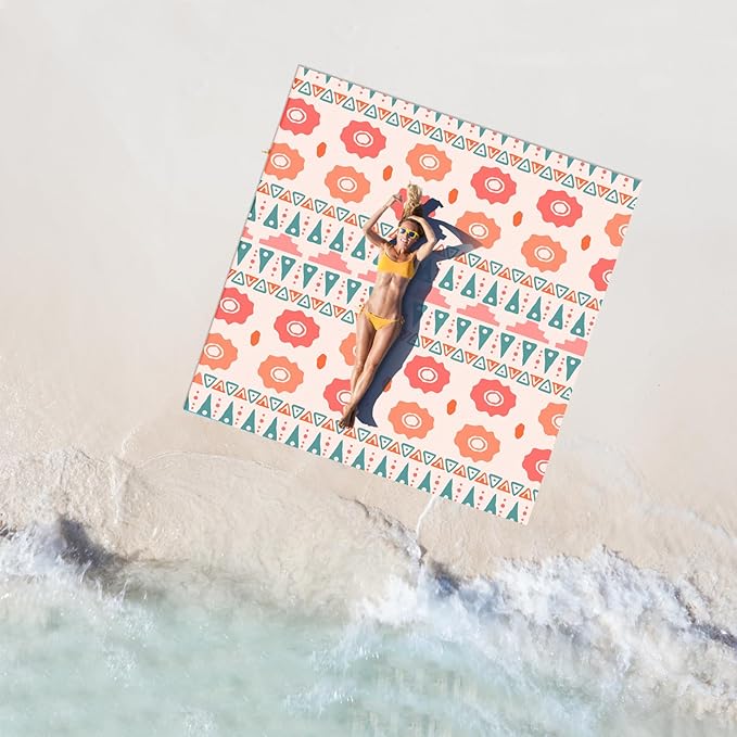 Beach Blanket Sandproof Waterproof 79 X 79 Oversized Outdoor Picnic Blanket Large Sand Free Beach Mat Lightweight Foldable Mat for Travel Camping Festival (Orange Floral Shore)
