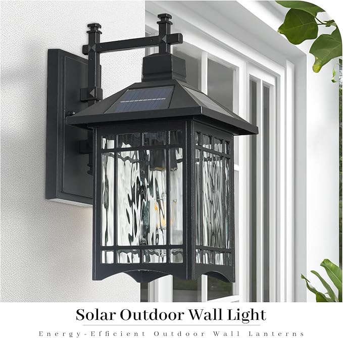 Solar Powered SconceBlack Porch Light Dusk to Dawn Outdoor Solar Wall LightsWaterproof Exterior Lights for Patio Yard House Hallway Doorway Garagewith Water Pattern Glass Shade