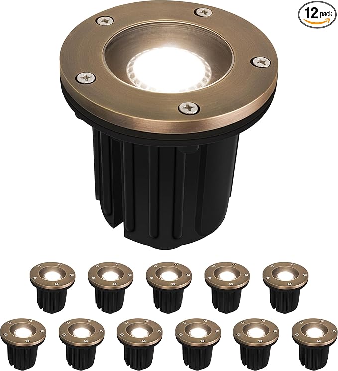 GKOLED 12V LED Brass Well Lights In Ground Light Outdoor with MR16 Bulb and Swival Base Low Voltage Landscape Lighting 5W 410LM 2700K IP67 Waterproof Up Light for Garden Open Top 12 Pack