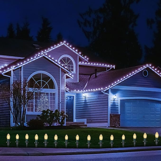 C9 Christmas Pathway String Lights 38Ft Clear Pathway String Lights Outdoor with 25 Clear Bulbs and Stakes Waterproof Walkway Lights for Outside Driveway Sidewalk Outdoor Christmas Decorations