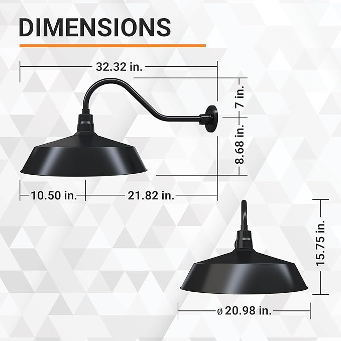 21in. Satin Black Oversized Outdoor Gooseneck Barn Light Fixture With 22in. Long Arm - Wall Sconce Farmhouse Vintage Antique Style - UL Listed - 9W 900lm A19 LED Bulb (5000K Cool White)