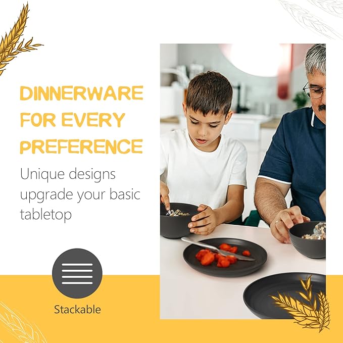 Teivio 32-Piece Kitchen Plastic Wheat Straw Dinnerware Set Service for 8 Unbreakable Modern Dish Set - Dinner Plate/Dessert Plate/Cereal Bowl/Cup for Apartment Essentials Outdoor CampingBlack