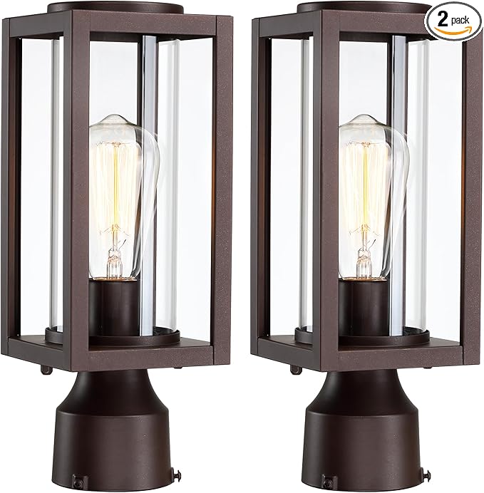 Outdoor Post Lights Lamp Post Light Fixture 2 Pack Modern Brown Exterior Post Lantern Fixture with Tempered Glass Anti-Rust Light Posts for Outside for Driveway Patio Garden