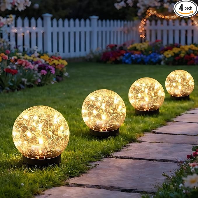 Solar Garden Lights Outdoor Waterproof 4 Pack 30 LEDs Cracked Glass Ball Light Ground Landscape Garden Decor Solar Globe Decorative for Pathway/Patio/Lawn/Yard (Warm White 3.9)