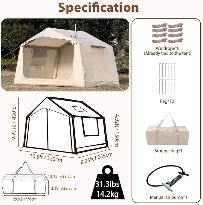 Inflatable Camping Tent with Hand Pump Waterproof Outdoor Blow up Tent 2-8 Person Oxford 4 Season Glamping Air Tent Cabin House with Mesh Windows &amp Door