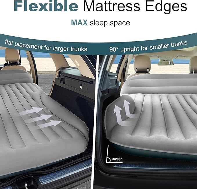 SUV Air Mattress Double-Sided Thick Flocked Car Air Mattress with Built-in Pump &amp Pillow Complete Sleeping Accessories for Auto Camping &amp Road Trips（Light Grey）