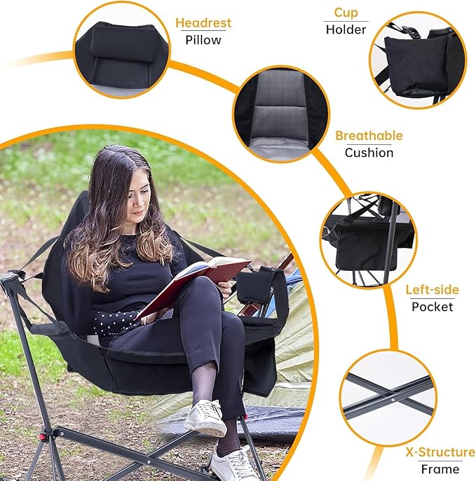 Hammock Chair Camping Rocking Chairs Swing Hammock Chair Adjustable Back Portable with Cup Holder Pillow and Carry Bag for Camping Outdoor Patio (1)