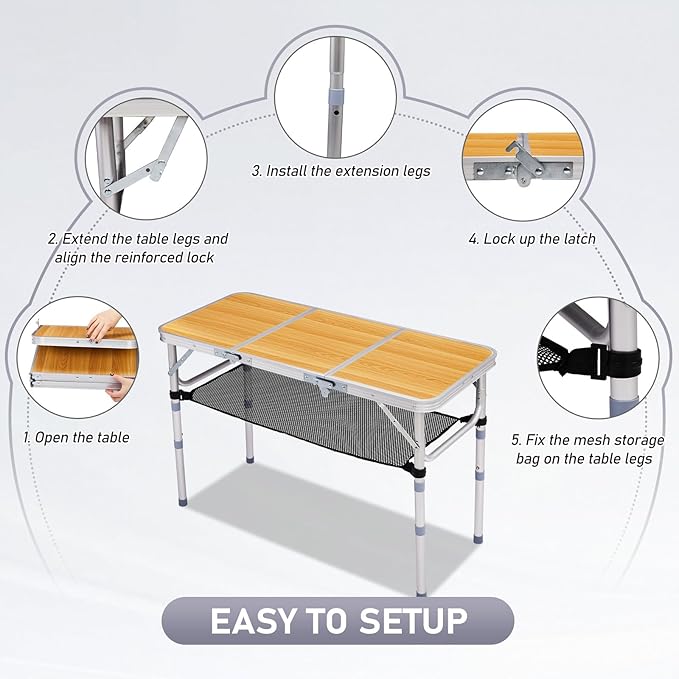 VINGLI Small Folding Table Portable 3FT Aluminum Foldable Camping Table for Picnic Card Table with 3 Adjustable Height &amp Carry Handle for Outdoor Indoor Hiking Camp BBQ Beach-Natural