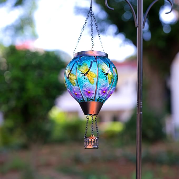 2 Pack Dragonfly Hot Air Balloon Solar Lantern Outdoor Waterproof Glass Balloon Lanterns for Outside Decorative Hanging Solar Lights Patio Garden Yard Gift for Women Moms
