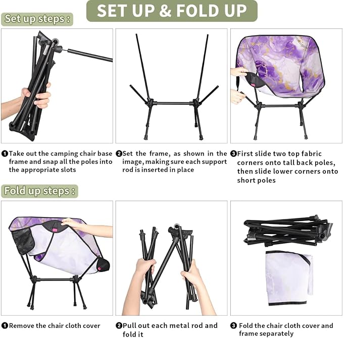 Pardick Portable Camping Chair Purple Gold Marble Ultralight Folding Camping Chair Fantastic Marble Backpacking Hiking Chair with Cup Holder for Outdoor Travel Beach Picnic Festival 176 lbs Capacity
