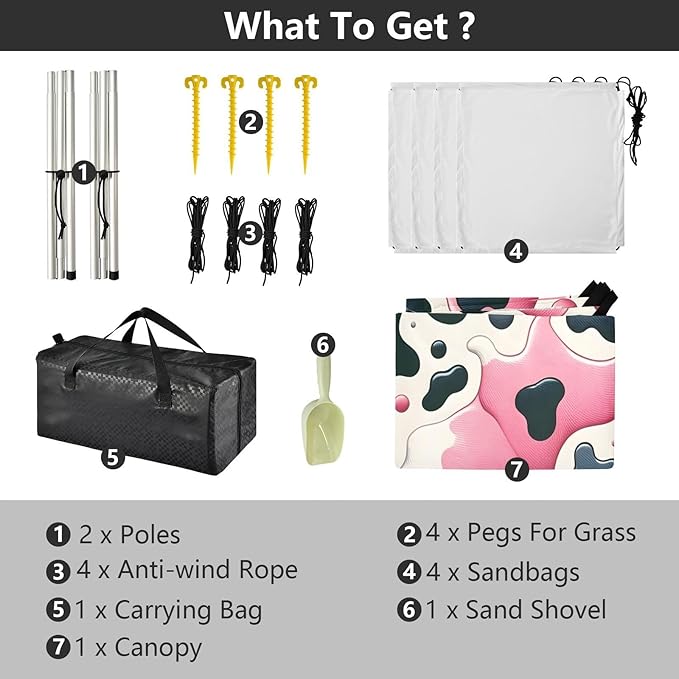 ALAZA Pink &amp Black Cow Prints Beach Tent Sun Shelter UPF50+ Protection Beach Shade Canopy w/ 4 Sandbags for Outdoor Camping Fishing Backyard Fun Picnic 10x9 ft