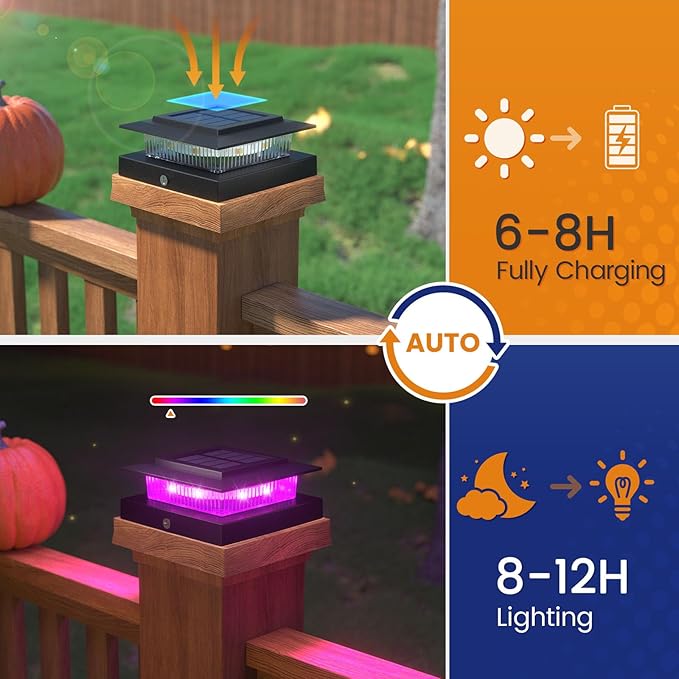 APONUO 6 Pack Solar Post Cap Lights Color Changing - 8 Solid Colors &amp Flowing Multicolor IP65 Waterproof for 4x4 Wood/Vinyl Posts Auto On/Off Deck Fence Patio Garden Lighting Black