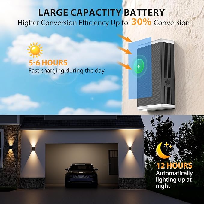 Solar Wall Light Outdoor  3000/4000/6000K 3 Modes Dusk to Dawn Lighting Wall Sconce IP67 Waterproof Up and Down Solar Lights Outdoor Front Door Light for House Garage Porch DoorwayFence (6PACK)