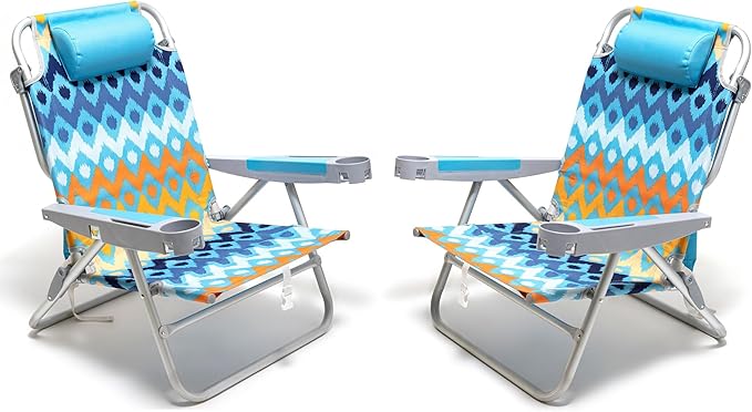 SUNNYFEEL Extra Wide Low Beach Chair 2 Pack 5 Position Lay Flat 500 LBS Heavy Duty XL Oversized Folding Camping Chairs with Cup Holder for Outdoor/Sand Portable Backpack Beach Chair for Adults