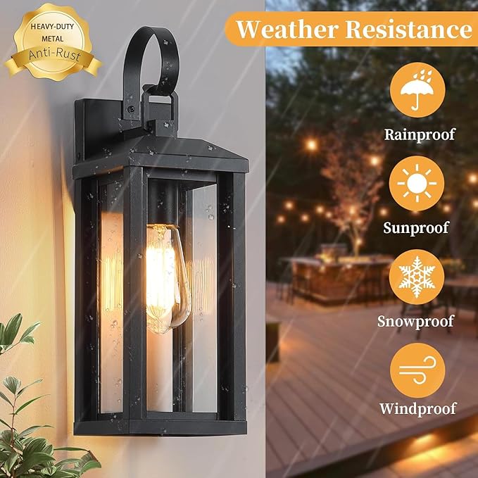 Large Outdoor Wall Light Fixtures 2-Pack Anti-Rust Porch Lights with Tempered Glass 17 Modern Farmhouse Black Exterior Lighting Fixtures Waterproof Outside Sconce Coach Lights for Garage House