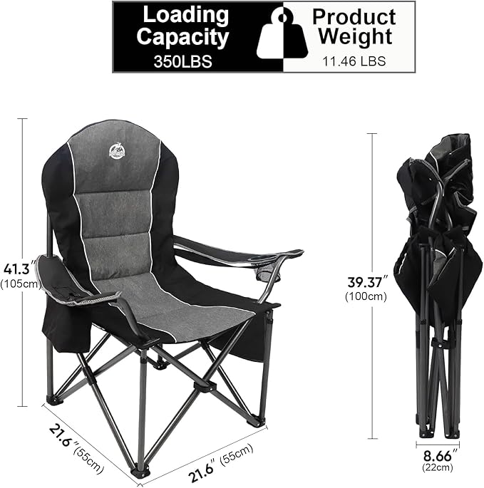 Northroad Oversized Portable Camping Chair Full Padded Outdoor Folding Chair Support 350 LBS Heavy Duty Lawn Chair with Cup Holder Cooler Bag Lumbar Support Head Pocket for Adult-Black