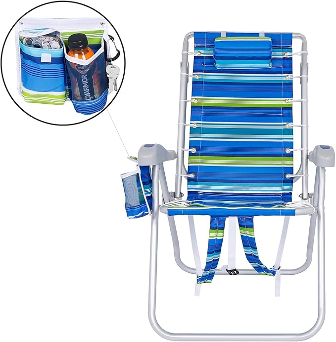 Ultimate Heavy Duty High Seat Aluminum Folding Backpack Beach Chair for Adults | Lay Flat 5 Reclining Positions | Removable Insulated Cooler Pouch &amp Canopy for UV Protection