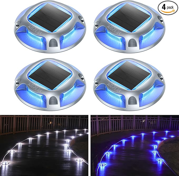 AGPTEK Solar Driveway Lights Outdoor 4 Pack 2 Color Modes LED Deck Dock Marine Waterproof Security Marker Lights for Step Sidewalk Stair Garden Pathway Walkway Yard(Blue Light/Cool White)