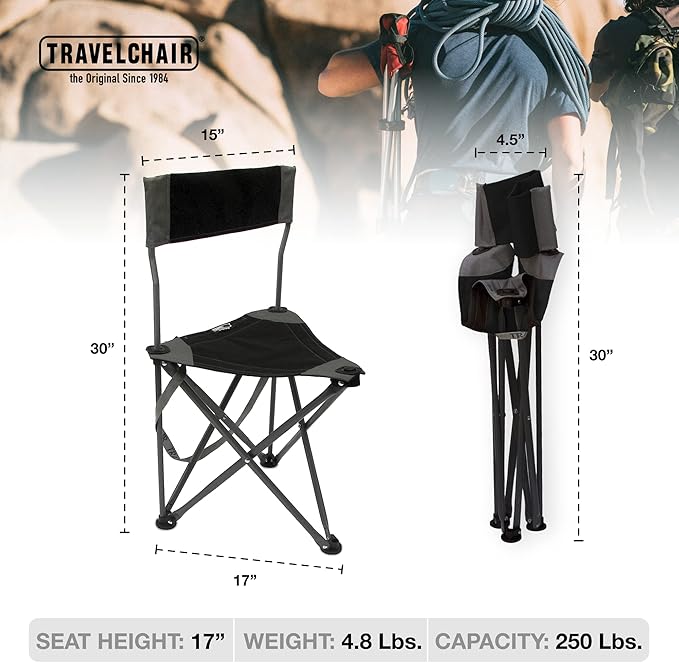 Travel Chair Ultimate Slacker 2.0 Small Folding Tripod Chair with Back for Outdoor Adventures Portable Stool-Chair