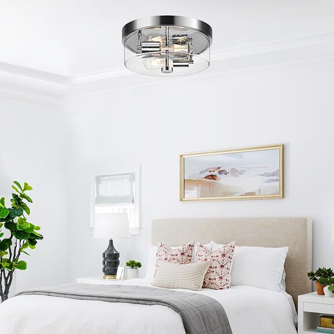 Flush Mount Ceiling Light Fixtures 2-Light Chrome Ceiling Mount for Farmhouse with Seeded Glass Lampshade Industrial Hall Flush Mount Light Fixture for Hallway Kitchen Entryway Bedroom and Foyer
