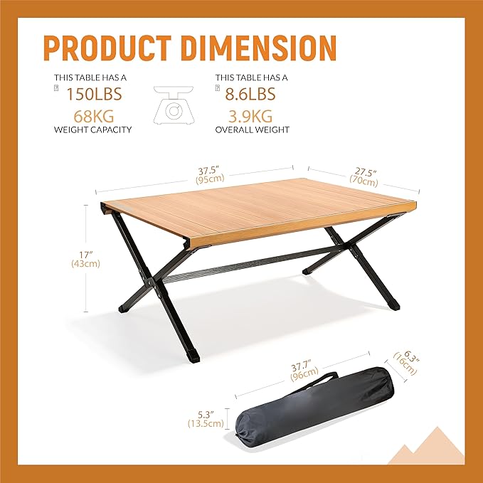 OUTSIDER Egg Roll-Up Camping TableAluminum Rolled-Up Tabletop Scratch-Resistant Non-Slip Base X-Shaped LegsLightweight Multi-Purpose for Indoor &amp Outdoor Use