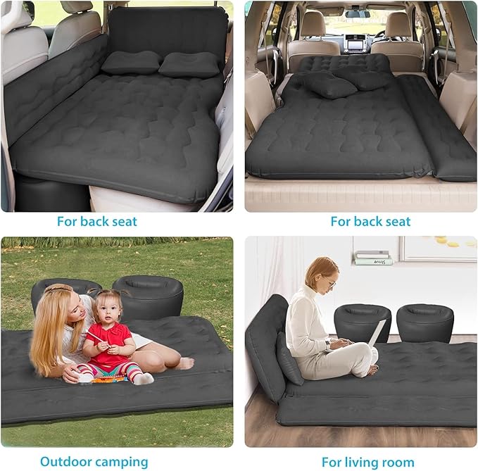 ISWEES Car Bed SUV Air Mattress Car Air Mattress with Electric Pump 2 Inflatable Pillows and 2 Footrests for Back Seat Side SeatTrunk Sleeping Thickened Camping Bed - Black