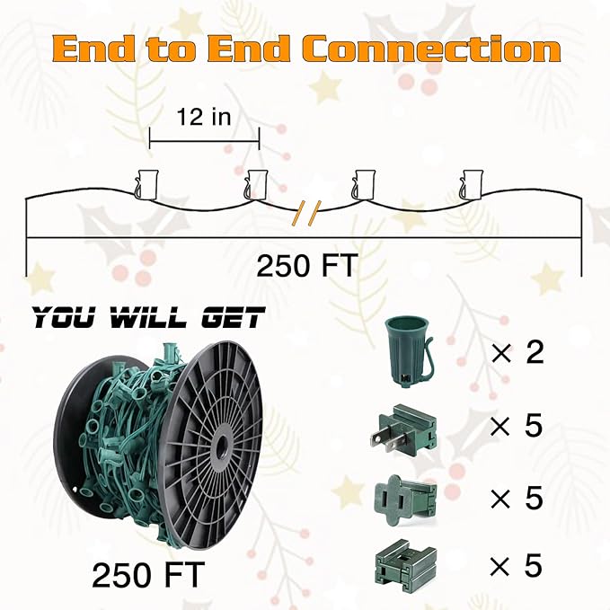 250FT C9 Outdoor String Light Stringer E17 Socket 12 Spacing C9 Christmas Stringer Set Spool Green Light String for Wedding Patio Event Lighting Decor Green Wire